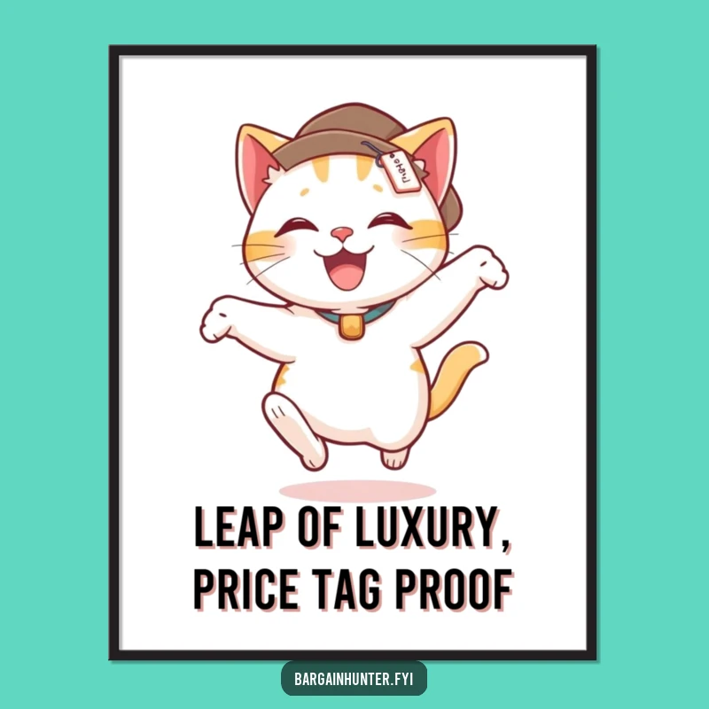 Free Printable Wall Art: Funny Leaping Cat with Price Tag, Humorous Downloadable Decor