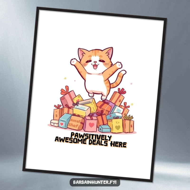 Funny Free Printable Wall Art: A playful cat in mid-leap over a stack of discounted items, bringing fun to your decor.