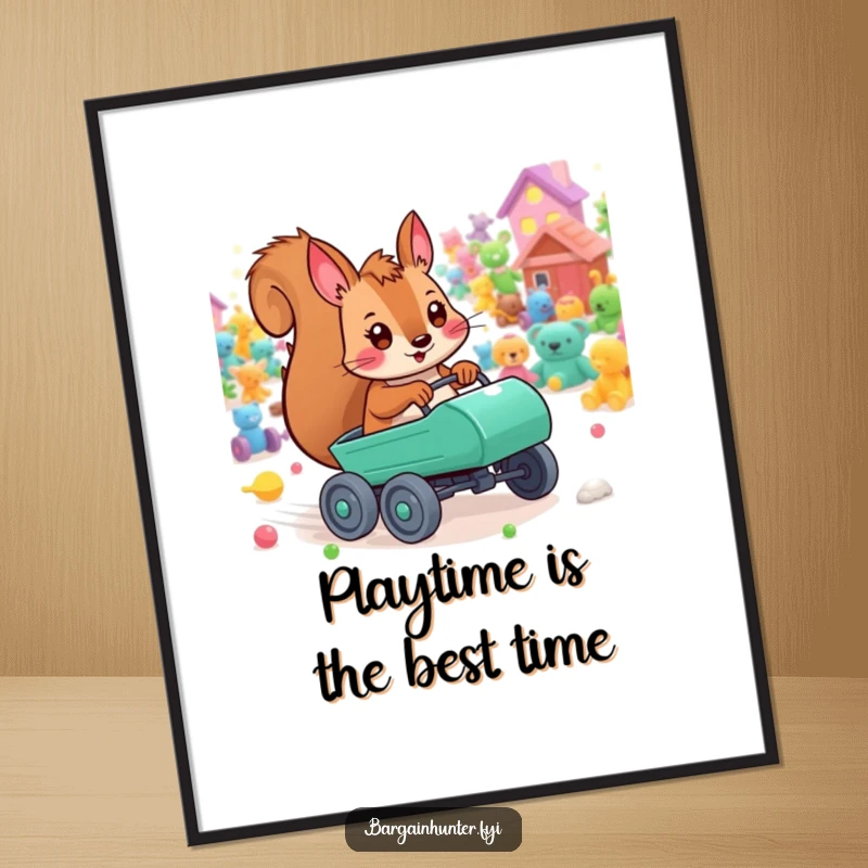 Funny Free Printable Wall Art of a playful squirrel character with a tiny cart, joyfully racing through a vibrant field of colorful toys.