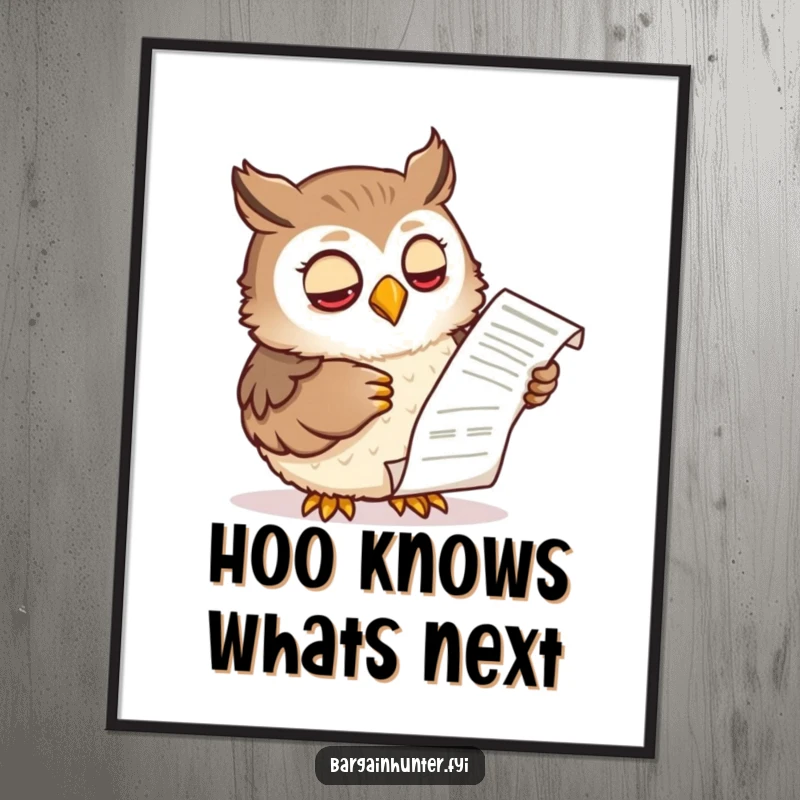 Funny Free Printable Wall Art: A wise owl character intently examining a shopping receipt with a knowing expression.