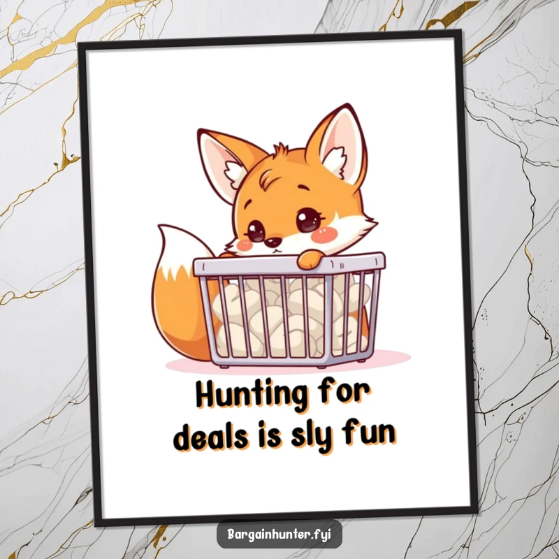 Funny Free Printable Wall Art: A curious fox peers intently into a bargain bin, creating humorous and intriguing downloadable art.