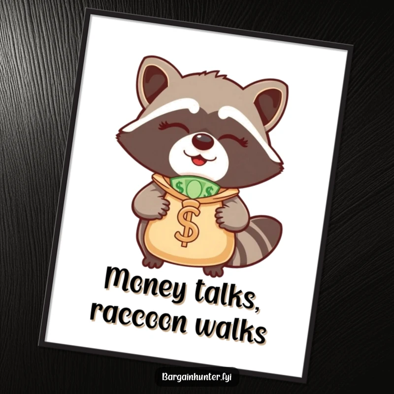 Funny free printable wall art: A mischievous winking raccoon proudly holds a large money bag, radiating wealth and humor.