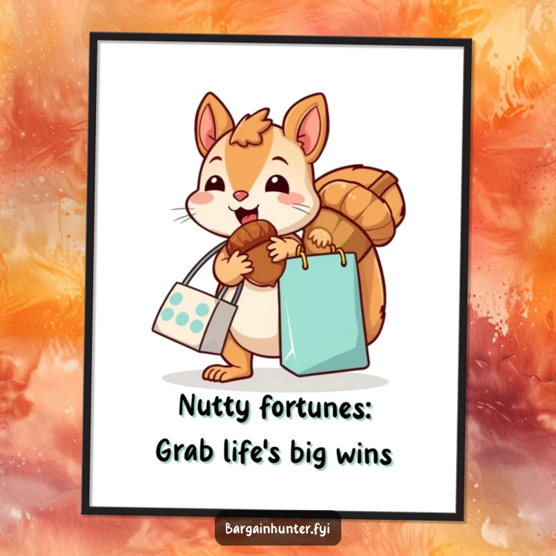 Funny Free Printable Wall Art: Kawaii squirrel with a shopping bag, excitedly grabbing an oversized acorn, ready for the season.