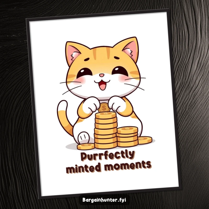 Funny free printable wall art, a cat character joyfully counting a large stack of coins, symbolizing wealth.