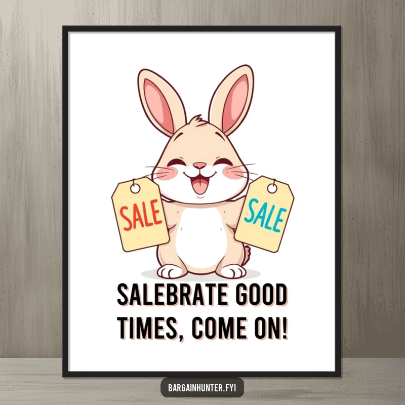 Funny Free Printable Wall Art: A rabbit excitedly compares two sale tags, grinning with shopping glee.