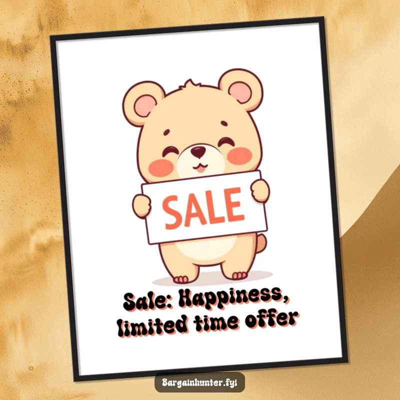 Funny Free Printable Wall Art: A cheerful bear cub excitedly waves a sale sign, humorous downloadable decor.