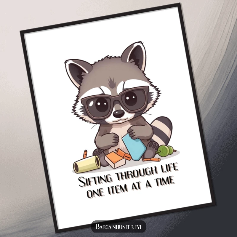 Funny Free Printable wall art: a curious raccoon wearing oversized glasses, intensely sifting through objects, creating a humorous scene.