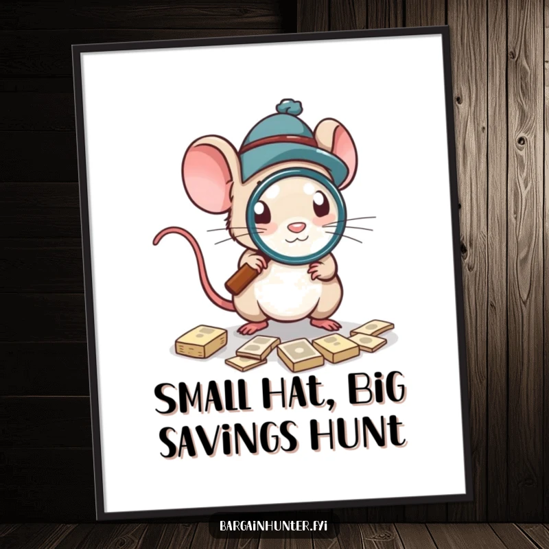 Funny Free Printable Wall Art: A small mouse in a hat uses a magnifying glass, keenly searching for deals.