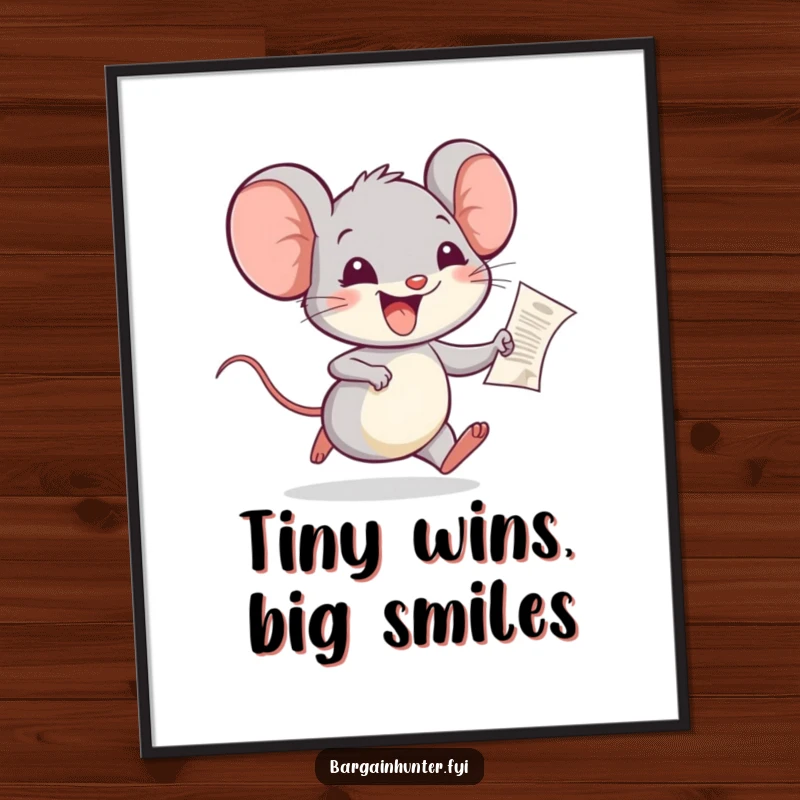Funny free printable wall art: A happy mouse runs excitedly with a tiny receipt, symbolizing small joys and great finds.