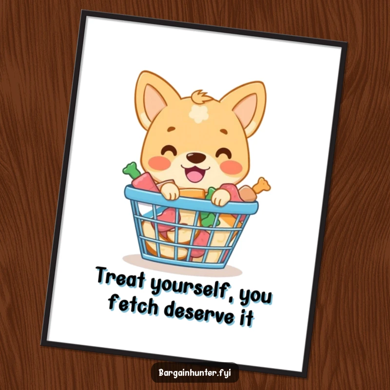 Funny Free Printable Wall Art: A smiling dog proudly displays a basket absolutely brimming with tasty treats, humorous downloadable art.