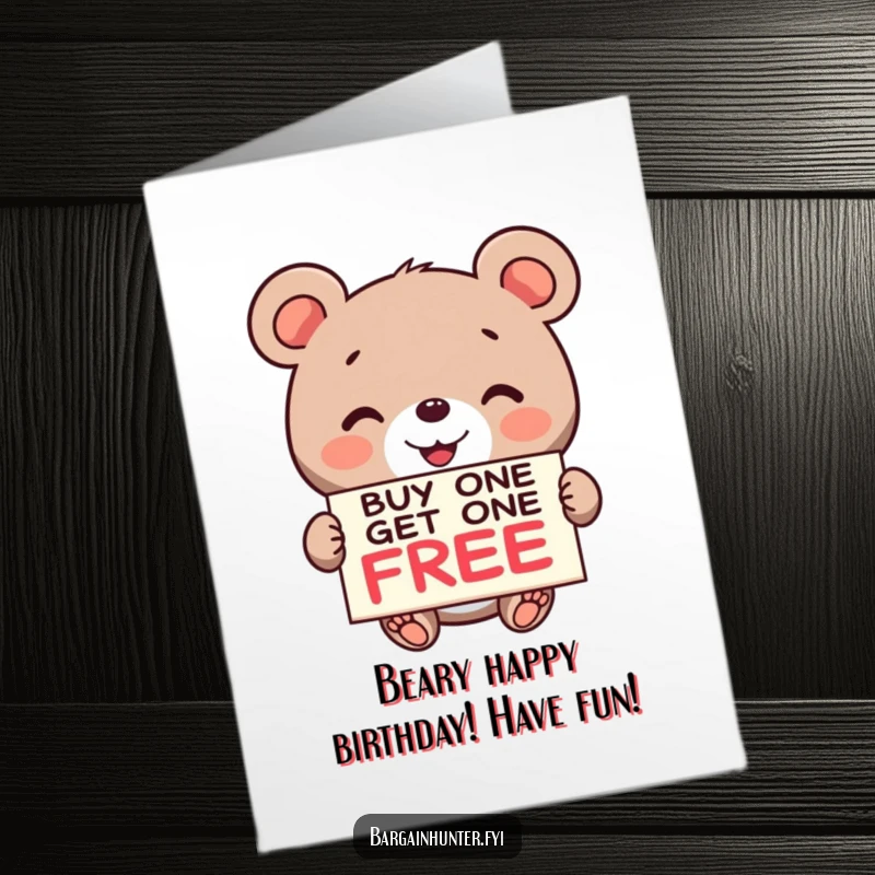Funny Free Printable Birthday Card: Smiling bear excitedly holding a 'Buy One Get One Free' sign, ready to party!