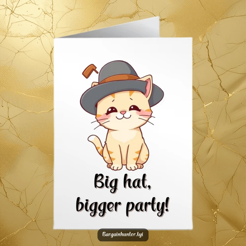 Funny Free Printable Birthday Card: A playful cat character looking amused while wearing a ridiculously large hat.