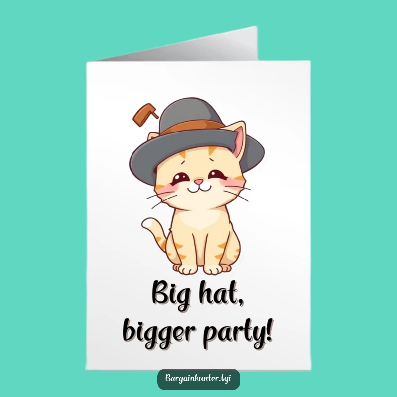 Free Printable Birthday Card: Amused Cat in Giant Hat, Funny Downloadable Gift