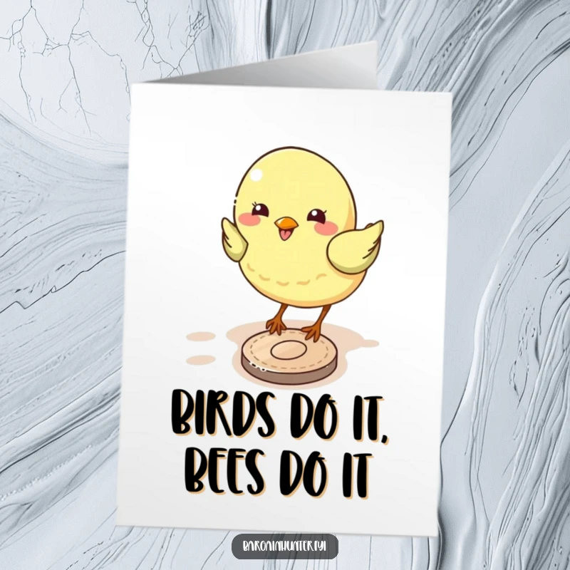 Funny free printable bird card, a happy bird joyfully pecking at a shiny fallen coin, perfect for a DIY gift.