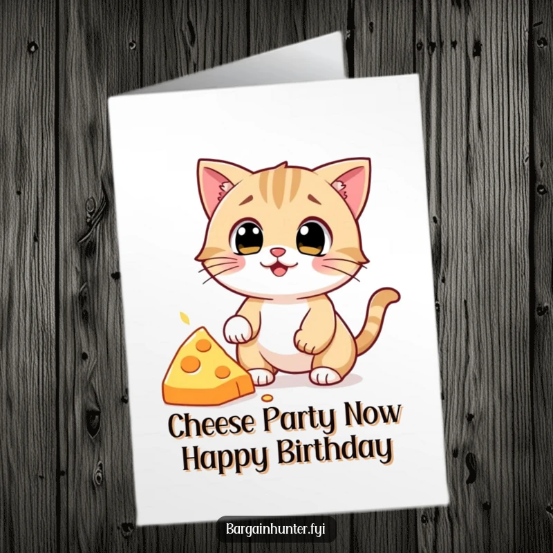 Funny free printable birthday card: wide-eyed cat leaping for dropped cheese, pure comedic joy, easy DIY gift.