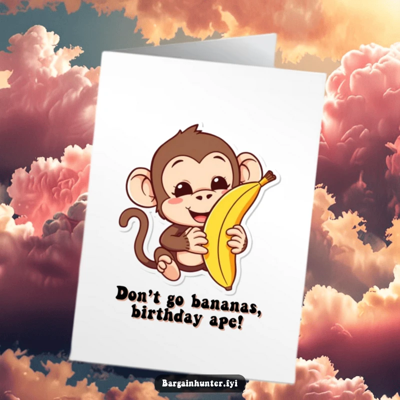 Funny free printable birthday card, a monkey character attempting to haggle for a banana with a determined look.