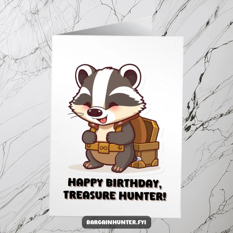 Funny Free Printable Birthday Card: Curious badger with backpack peeks into an open treasure chest.