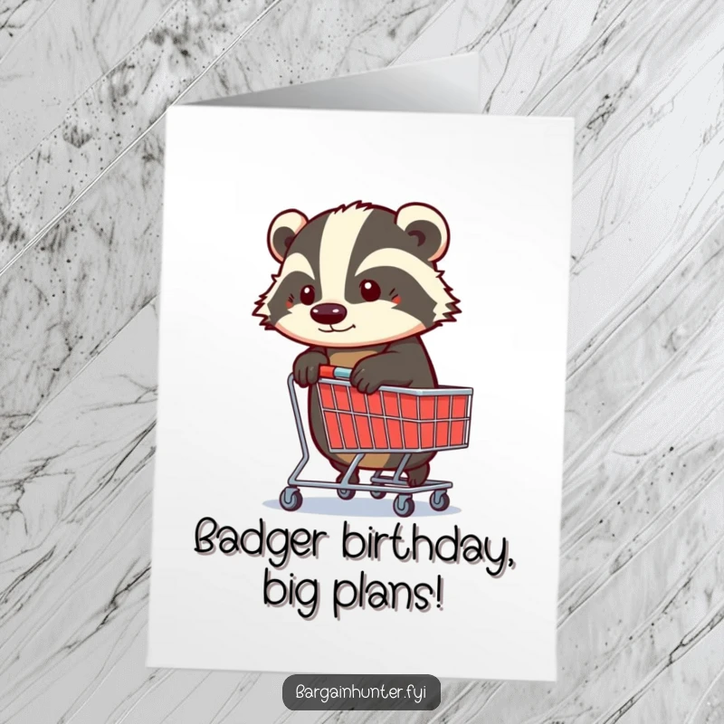 Funny free printable birthday card: A determined badger grips a shopping trolley, ready to conquer birthday deals.