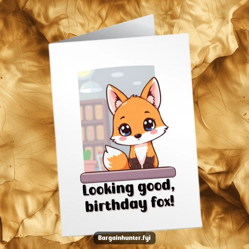 Funny Free Printable Birthday Card: A fox peers into a store window with wide, excited eyes, wanting treats.