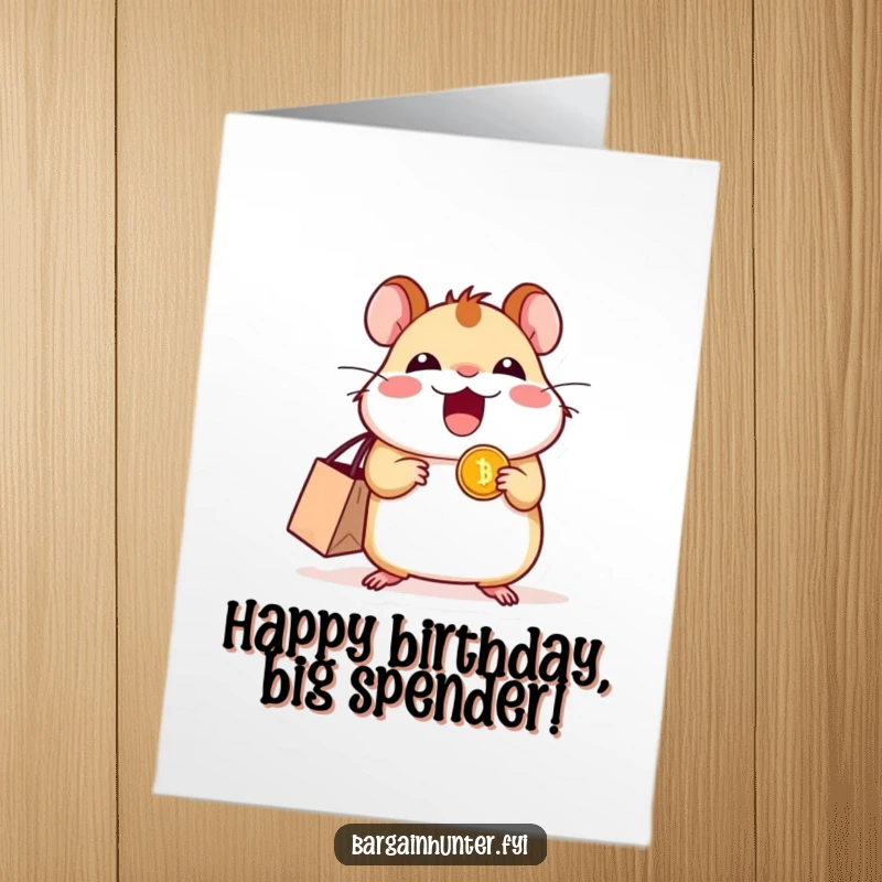 Funny Free Printable Birthday Card featuring an excited hamster with a shopping bag, clutching a shiny coin, ready for birthday fun.