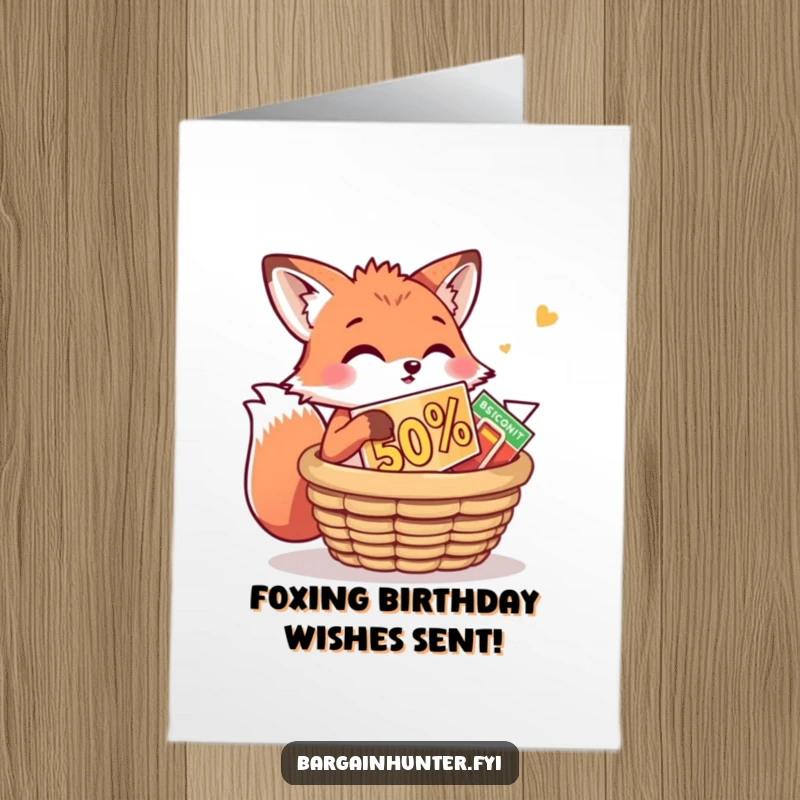 Funny Free Printable Birthday Card: A playful fox snatches a huge discount, stuffing it into a basket.