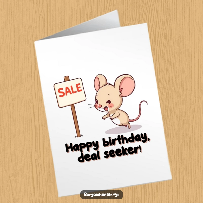 Funny free printable birthday card of a grinning mouse character excitedly scurrying towards a big sale sign, ready for a bargain.