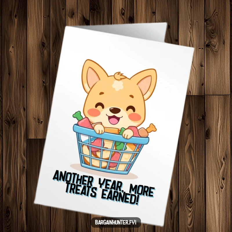 Funny Free Printable Birthday Card: A smiling dog proudly holds a basket overflowing with tasty treats, a downloadable delight.