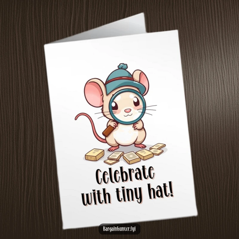 Funny Free Printable Birthday Card: A mouse in a small hat uses a magnifying glass to find birthday deals.