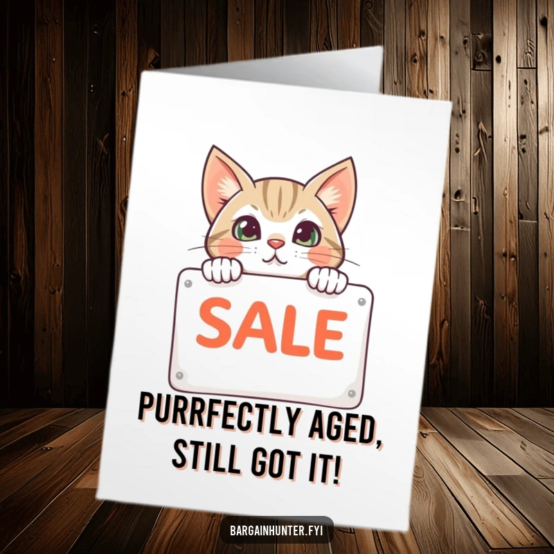 Funny Free Printable Birthday Card: Curious cat with wide eyes peeking behind a sale sign, ready for a birthday surprise.