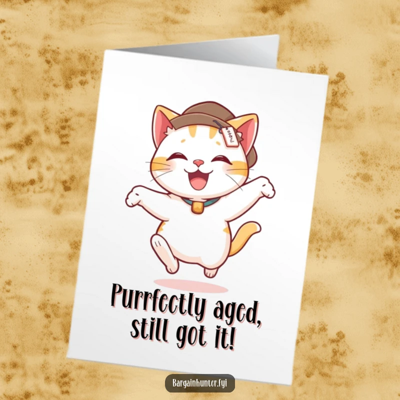 Funny Free Printable Birthday Card: Delighted cat in a price-tagged hat leaps with joy, a humorous downloadable greeting.