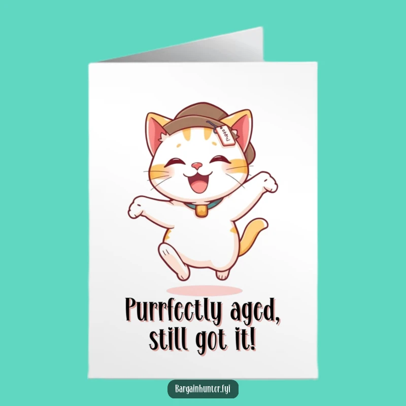 Free Printable Funny Birthday Card: Leaping Cat with Price Tag, Downloadable Joyful Gift