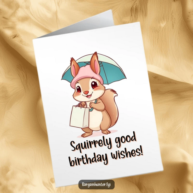 Funny Free Printable Birthday Card: A happy squirrel in a shopping bag hat, holding an umbrella, ready for a quirky celebration.