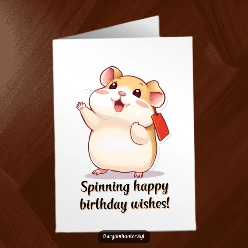 Funny Free Printable Birthday Card: A playful hamster with a red ear tag performs an acrobatic flip.
