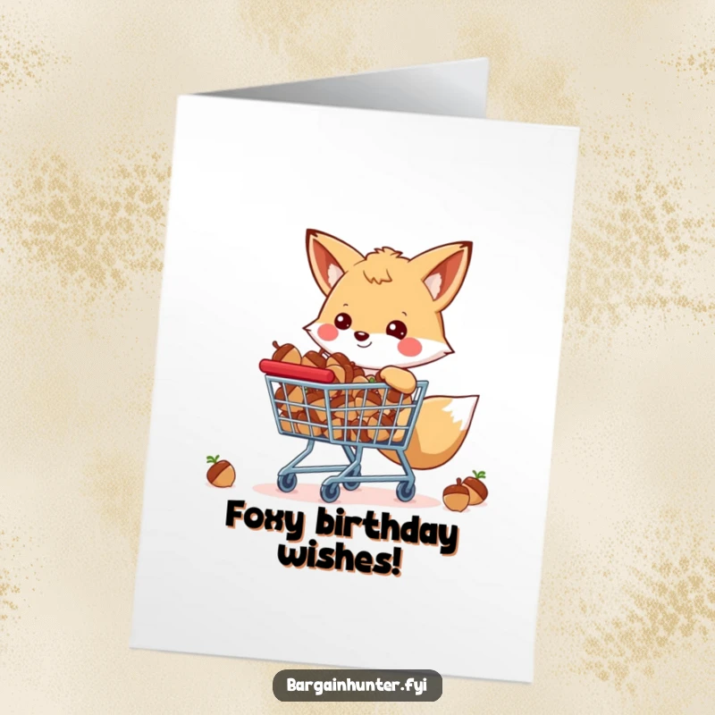 Funny Free Printable Birthday Card: A happy fox pushes a shopping cart overflowing with acorns.