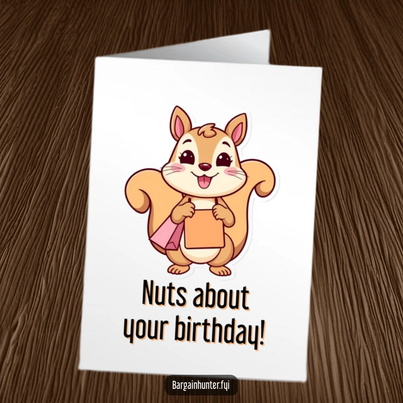 Funny Free Printable Birthday Card: A cheerful squirrel smiles brightly, holding a shopping bag, perfect for a funny birthday message.
