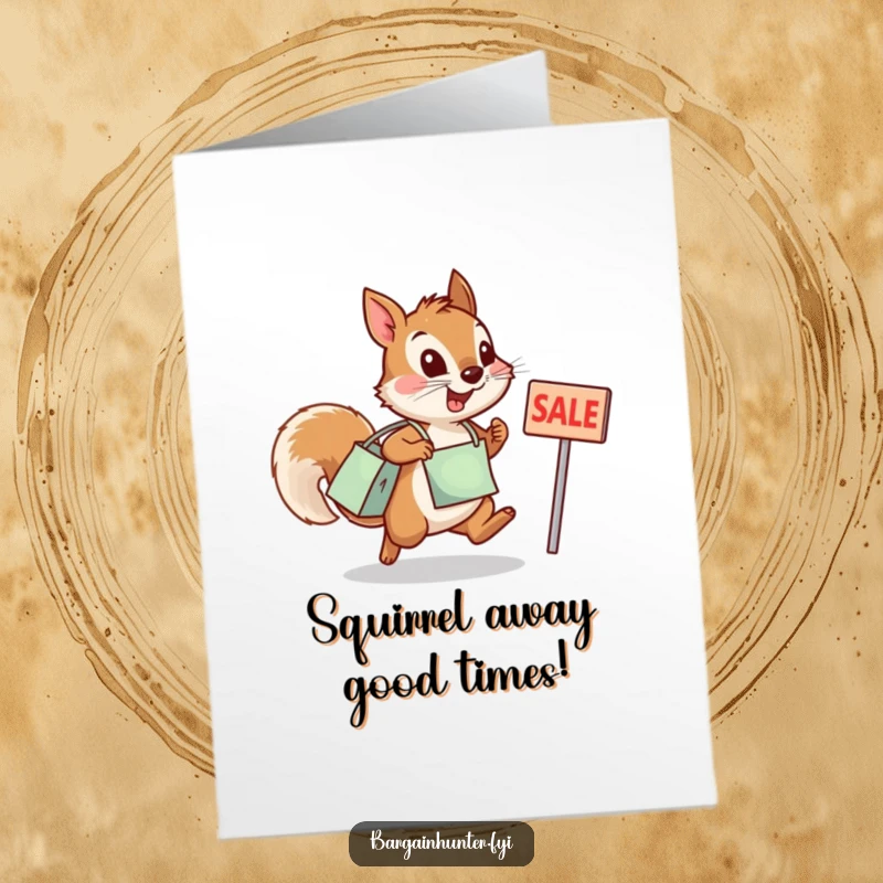 Funny Free Printable Birthday Card: Determined squirrel with tiny bag leaps at sale sign, ready to shop.