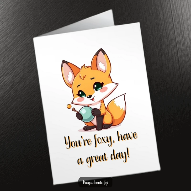 Funny Free Printable Birthday Card: A proud fox beaming, showing off a small, sparkling, shiny object it just discovered!