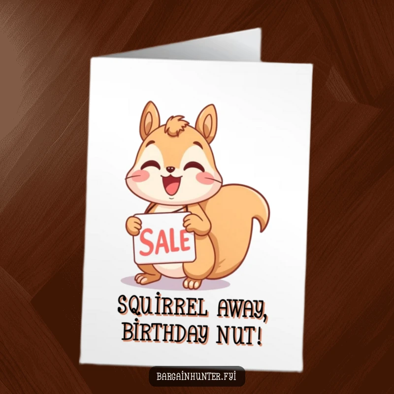 Funny free printable birthday card, a squirrel character excitedly holding a sale tag, showing pure delight.