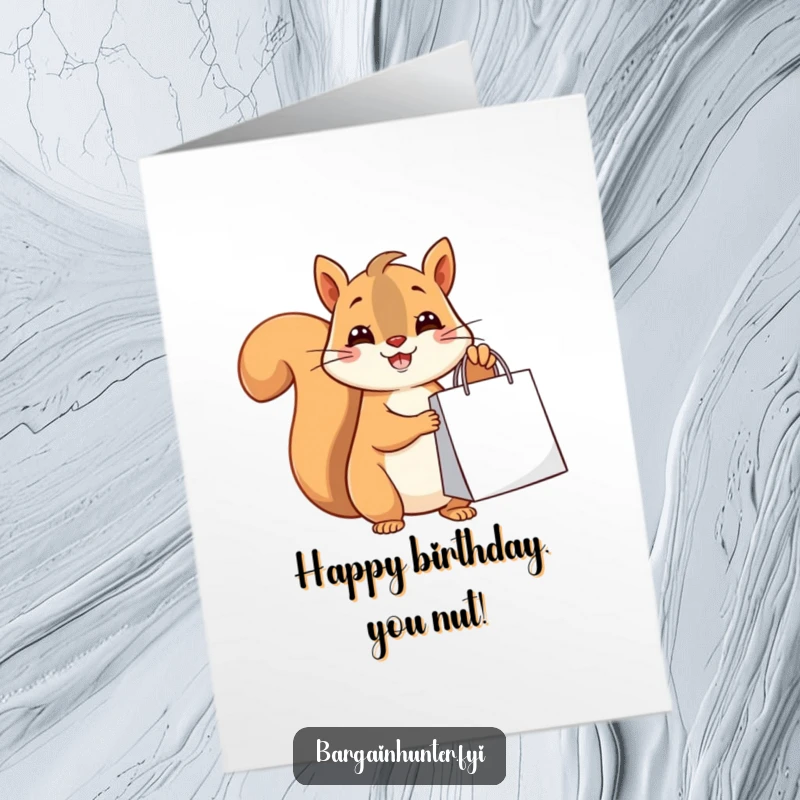 Funny Free Printable Birthday Card: Happy squirrel holds a shopping bag, ready for birthday treats.