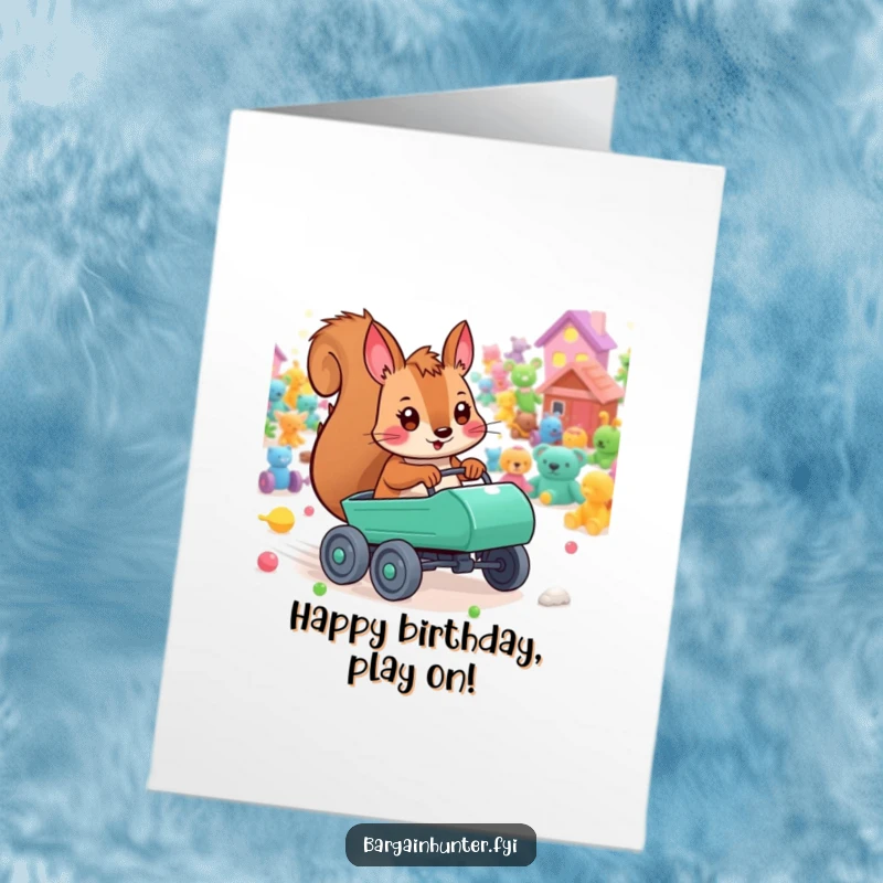 Funny Free Printable Birthday Card featuring a playful squirrel racing with a cart through colorful toys, celebrating a fun-filled birthday.