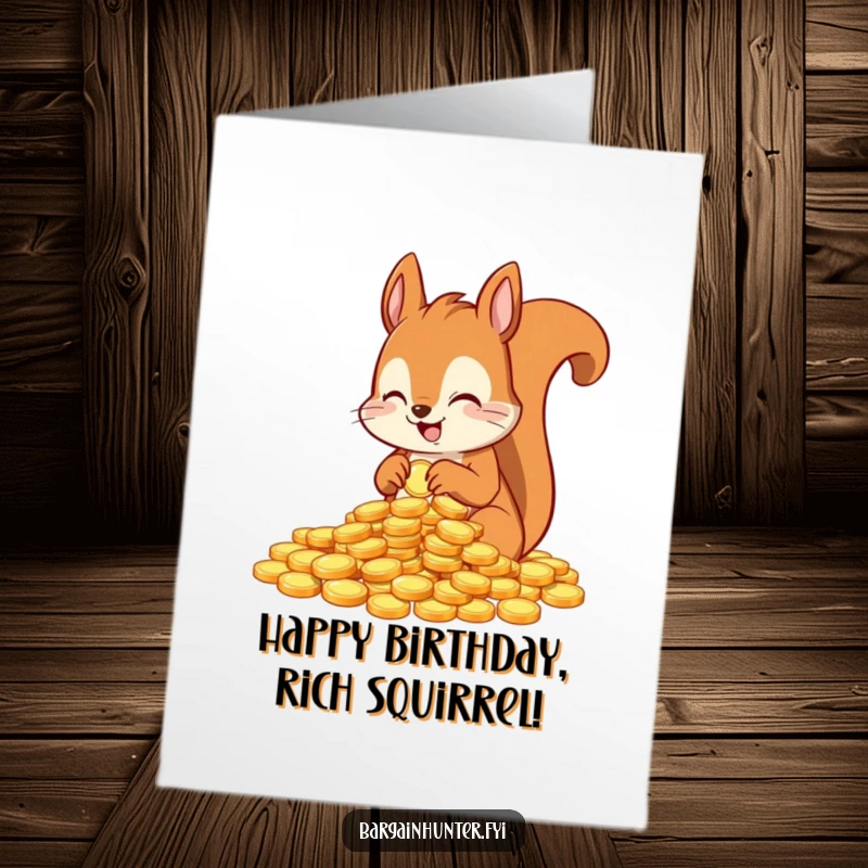 Funny free printable birthday card with an excited squirrel character diligently counting a large pile of shiny gold coins, a wealthy celebration.