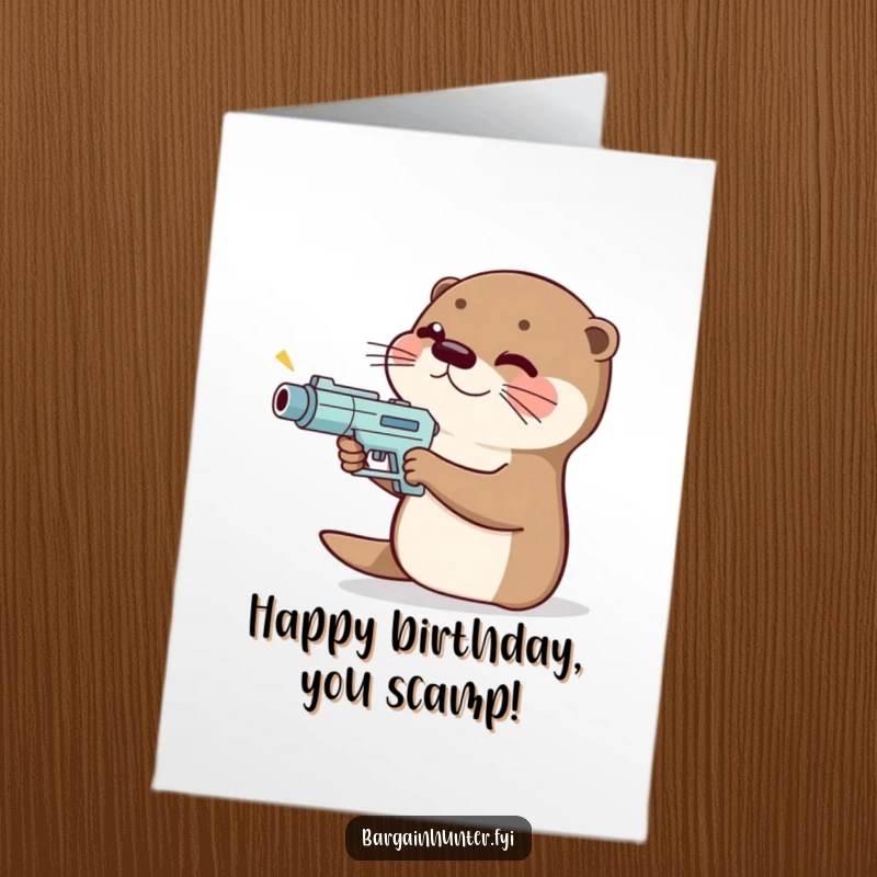 Funny Free Printable Otter Birthday Card: Giggling otter holding a tiny price gun, ready to tag a great birthday.