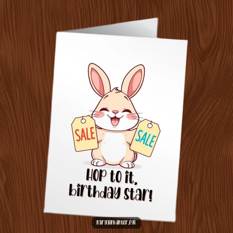 Funny Free Printable Birthday Card: A rabbit grins widely comparing two sale tags, celebrating deals with joy.