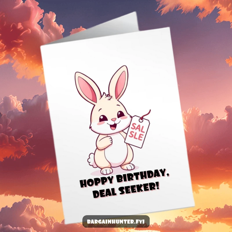 Funny Free Printable Birthday Card: A cheerful rabbit eyes a sale tag with pure glee, celebrating savings.