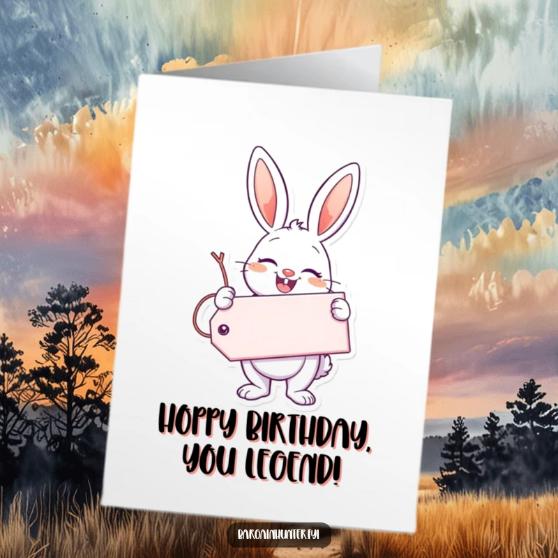Funny Free Printable Birthday Card: Enthusiastic Bunny Holding a Giant Tag with a Big Smile.