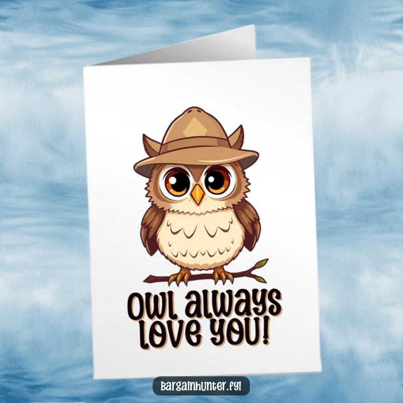 Funny Free Printable Birthday Card: Curious Owl in Bargain Hunter Hat Spotting a Hidden Deal.