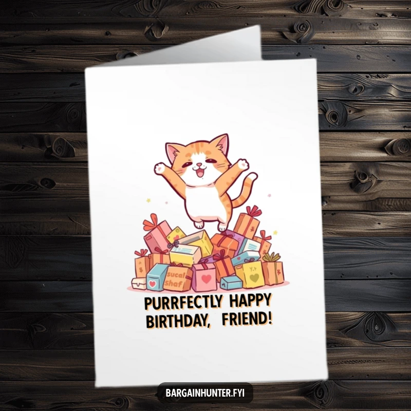 Funny Free Printable Birthday Card: A playful cat leaps over discounted items, celebrating your special day with bargain-basement glee.