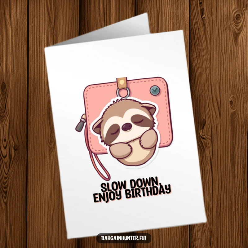 Funny Free Printable Birthday Card: A sleepy sloth hanging from a wallet, smiling gently with a peaceful expression.