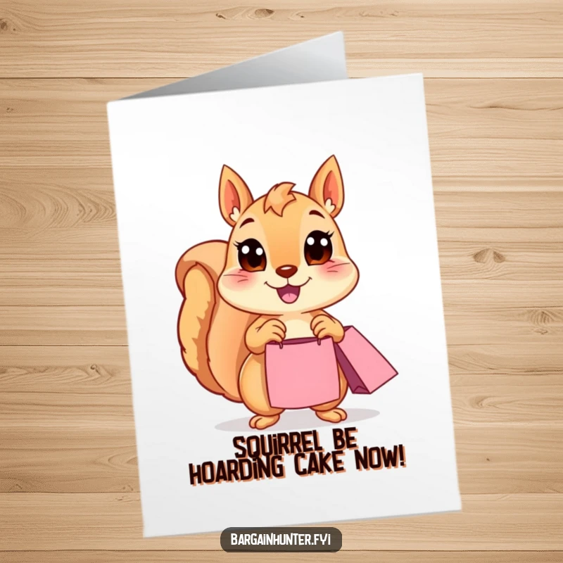 Funny Free Printable Birthday Card: A happy squirrel with wide eyes clutches a shopping bag, ready for fun.
