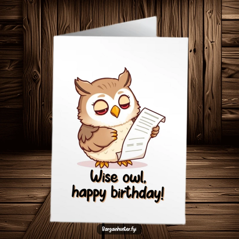 Funny Free Printable Birthday Card: Wise owl character examining a shopping receipt with a knowing expression.